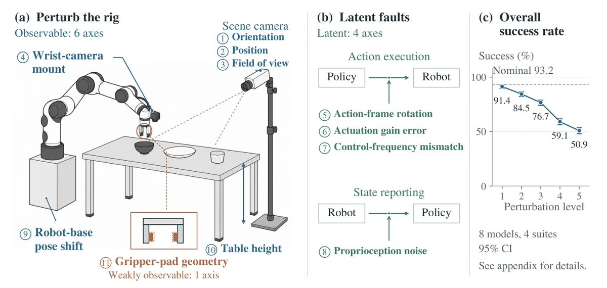 Perturbing a robot rig along camera, calibration, actuation and gripper axes, and the resulting drop in success rate.